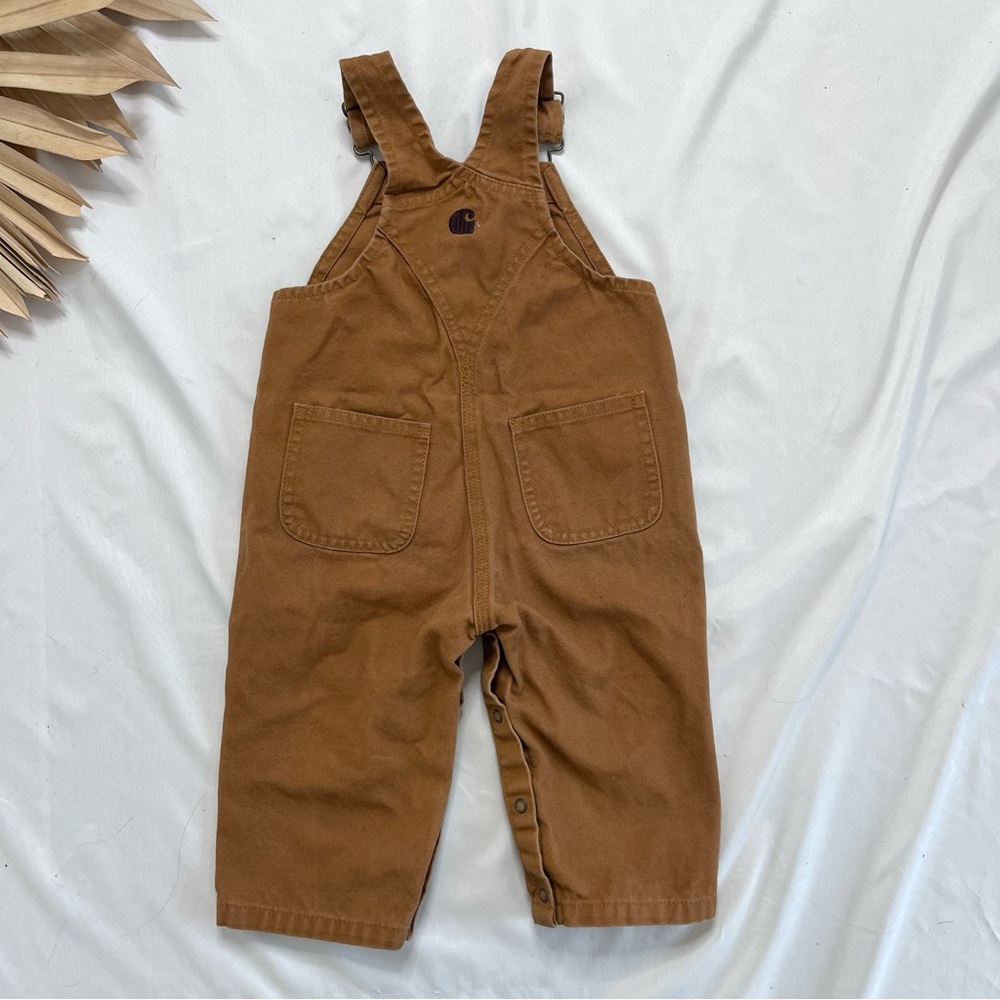 Carhartt Canvas Tan Brown Button Snap Bib Overalls Onesie Jumpsuit Size 12M - Picture 4 of 5